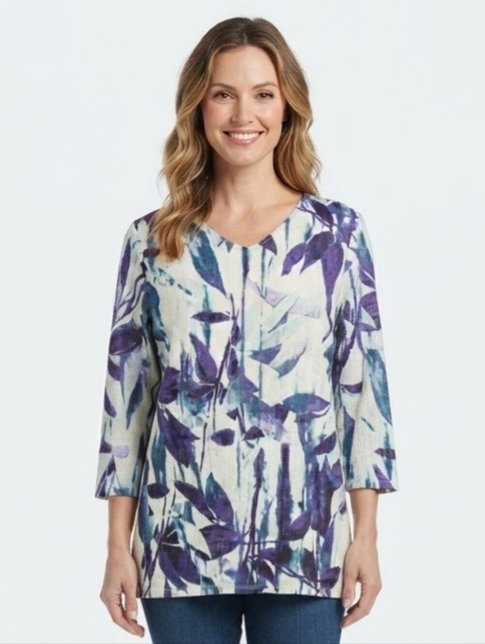 CHICOS TOP large Women's Purple Leaf Print V-Neck Tunic Top
